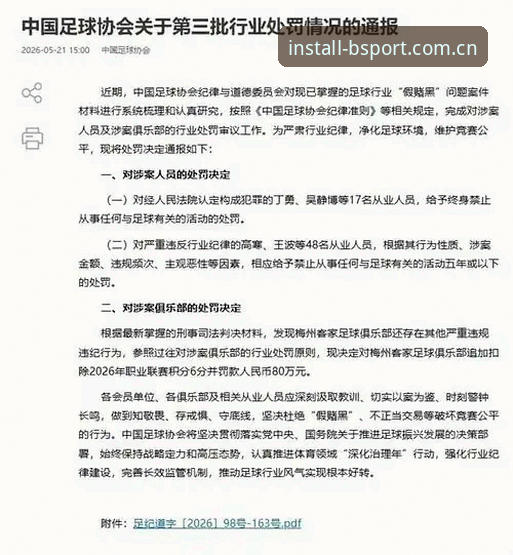 B体育下载安装教程 中国足协第三批禁足名单最新动态:65人受罚,行业整顿进入深水区